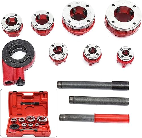 Miniatura 7 de LOYALHEARTDY Trinquete de enhebrador de tubos, con 7 matrices, juego de roscadores de tubo de trinquete 38 ", 12", 34", 1", 1-14", 1-12", 2 "juego