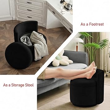 allamazing 360 Swivel Accent Chair with Storage, Vanity Stool with Back, Velvet Storage Ottoman, Upholstered Round Barrel Vanity Chair for Living Room, Makeup Room, Bedroom (Black)