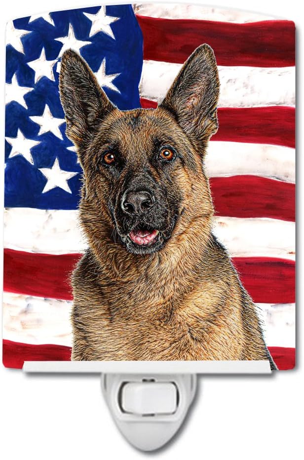 Caroline's Treasures KJ1159CNL USA American Flag with German Shepherd Ceramic Night Light Compact, UL-Certified, Ideal for Bedroom, Bathroom, Nursery, Hallway, Kitchen, 6x4x3, Multicolor
