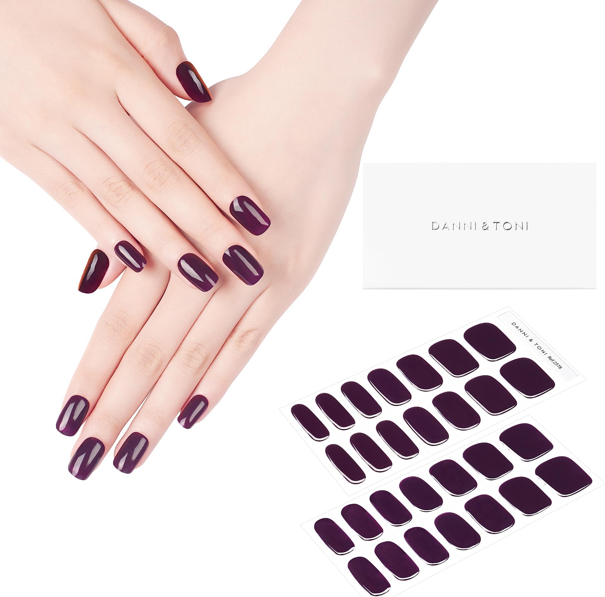 DANNI & TONI Semi Cured Gel Nail Strips Dark Purple (Midnight Violet) Solid Color Gel Nail Stickers Deep Purple 28 Stickers