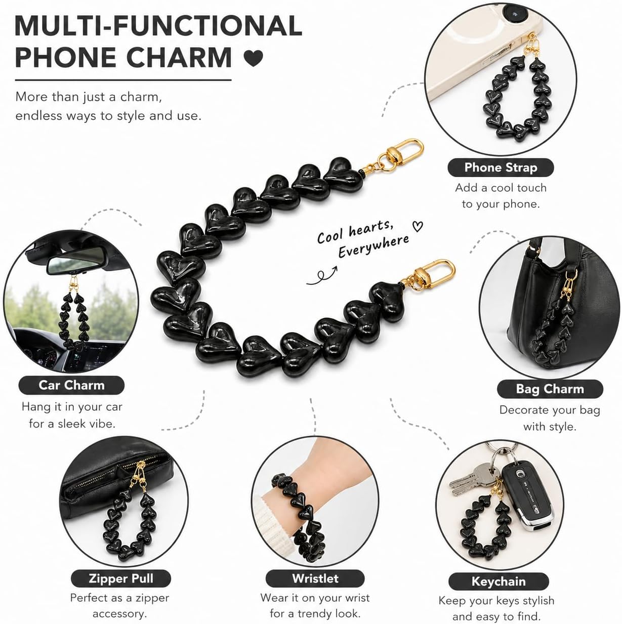 Heart Beaded Phone Charm Wrist Strap with Tether Tab, Cute Charm for Keys, Bags & Cameras