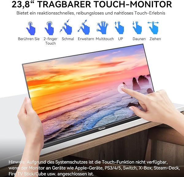 Monitor Touchscreen Portatile Grande da 23,8", 100% sRGB, VA FHD 1080P, Contrasto 4000:1, VESA, Altoparlanti, Supporto Regolabile a 90°, USB-C HDMI, Schermo Touch Portatile da 75Hz per Laptop/PC/Smart - 2