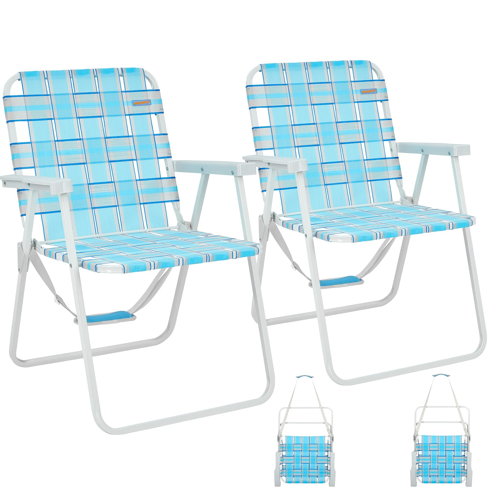 Photo 1 of #WEJOY Folding Webbed Lawn Beach Chair - Heavy Duty Portable Outdoor Chair with Hard Armrest for Camping,Garden,Concerts,Festivals and Sand Picnic BBQ,265 LBS Grey/Blue_2 Pack Retro
