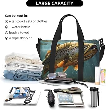 Sports Gym Bag for Women Men Travel Duffel Bag Tote Fly Fish Weekender Bag Canvas Carry on Overnight Bag for Travel Swimming Fitness Workout Sports Duffle Bag