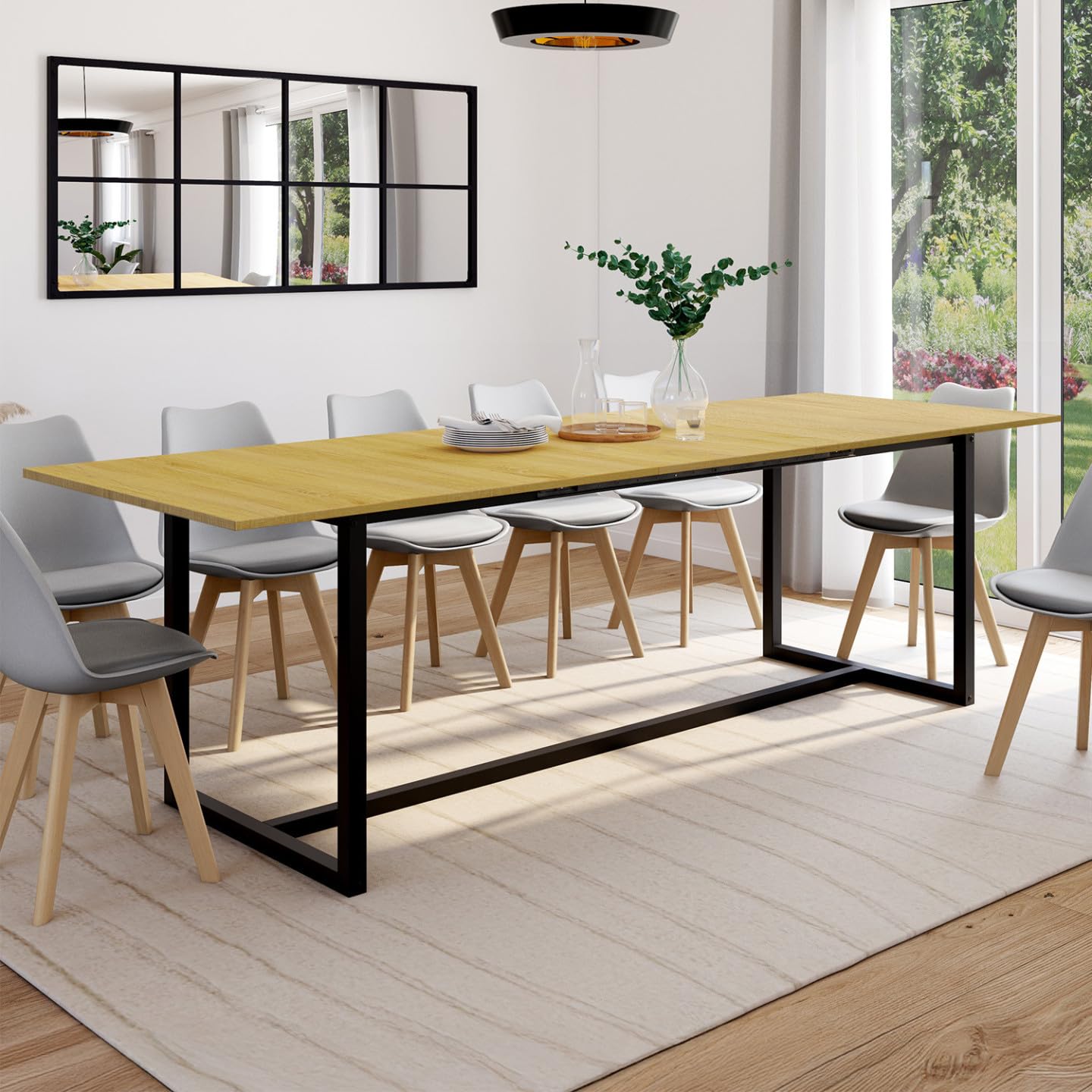 IDMarket – Mesa de comedor extensible rectangular Detroit 8-12 personas, diseño industrial 200-250 cm