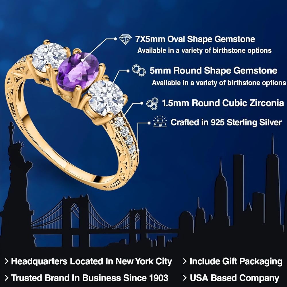 Gem Stone King 3-Stone Birthstone Ring In 925 Sterling Silver | 7x5mm Oval & 5mm Round Stones | Filigree Detail | Sizes 5-9