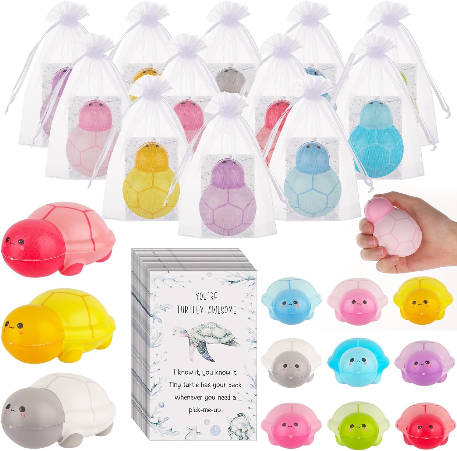 144PCS Funny Turtle Stress Balls Sensory Turtle Squeeze Toy Stress Relief Balls ''Turtley Awesome'' Inspirational Cards Organza Bag Appreciation Gifts for Teacher Student Employee Coworker