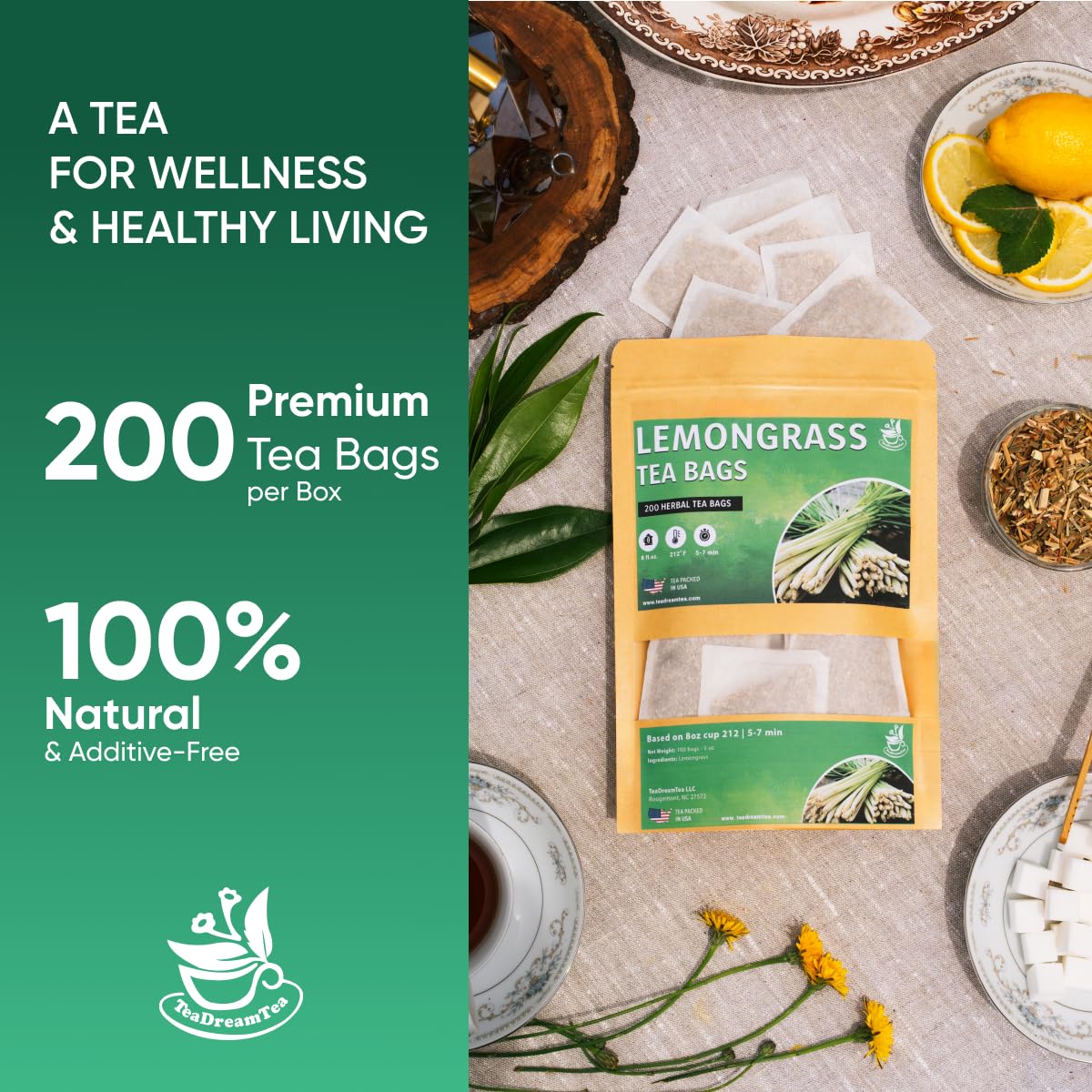 Lemongrass Tea Bags – 200 Bags (Premium Natural Pure Leaf Tea – 200 Count) Gluten-Free and Caffeine-Free Herbal Tea with Smooth Taste