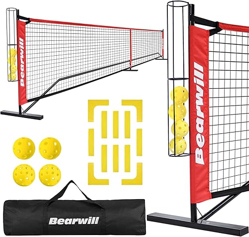 Bearwill Red de pickleball de 22 pies para entrada, tamaño reglamentario portátil para patio trasero, marco de metal estable con marcador de cancha,