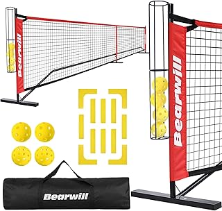 Bearwill Pickleball Net, 22 FT Pickleball Net for Driveway, Regulation Size Portable Pickle Ball Net for Outdoor Backyard, Steady Metal Frame with Court Marker, Ball Holder, 4 Pickleballs & Carry Bag