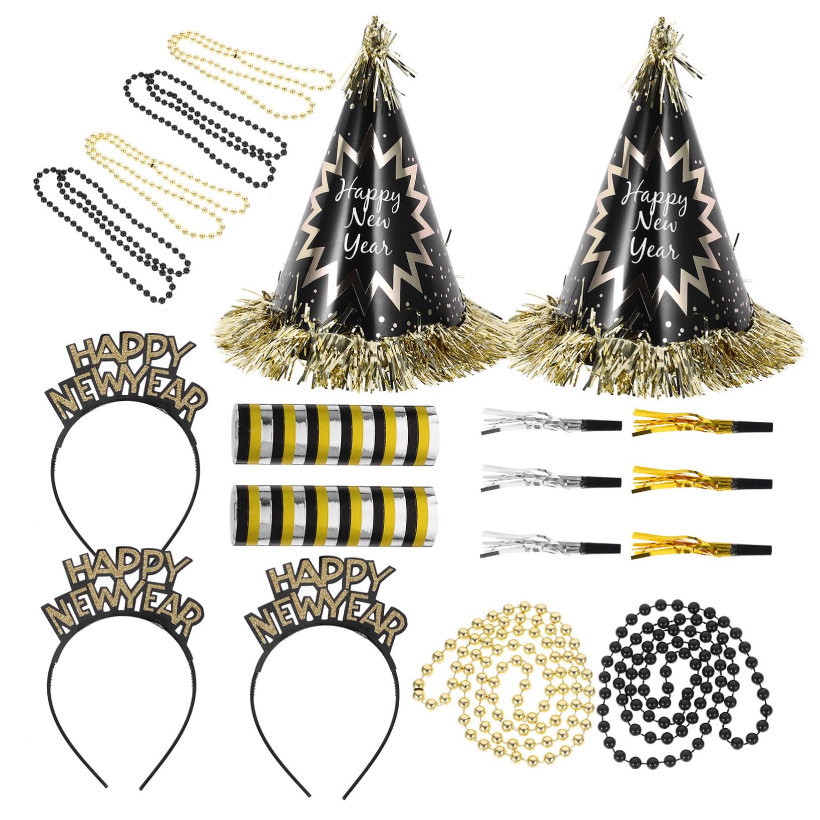 Decorazioni Capodanno con Cappelli e Oro Collane Perline Cerchietti e Rumoreggiatori Kit Completo per Feste