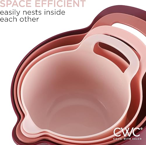 Miniatura 5 de COOK WITH COLOR Tazones para mezclar  Juego de 4 cuencos de plástico anidado con boquillas y asas para verter (rosa)