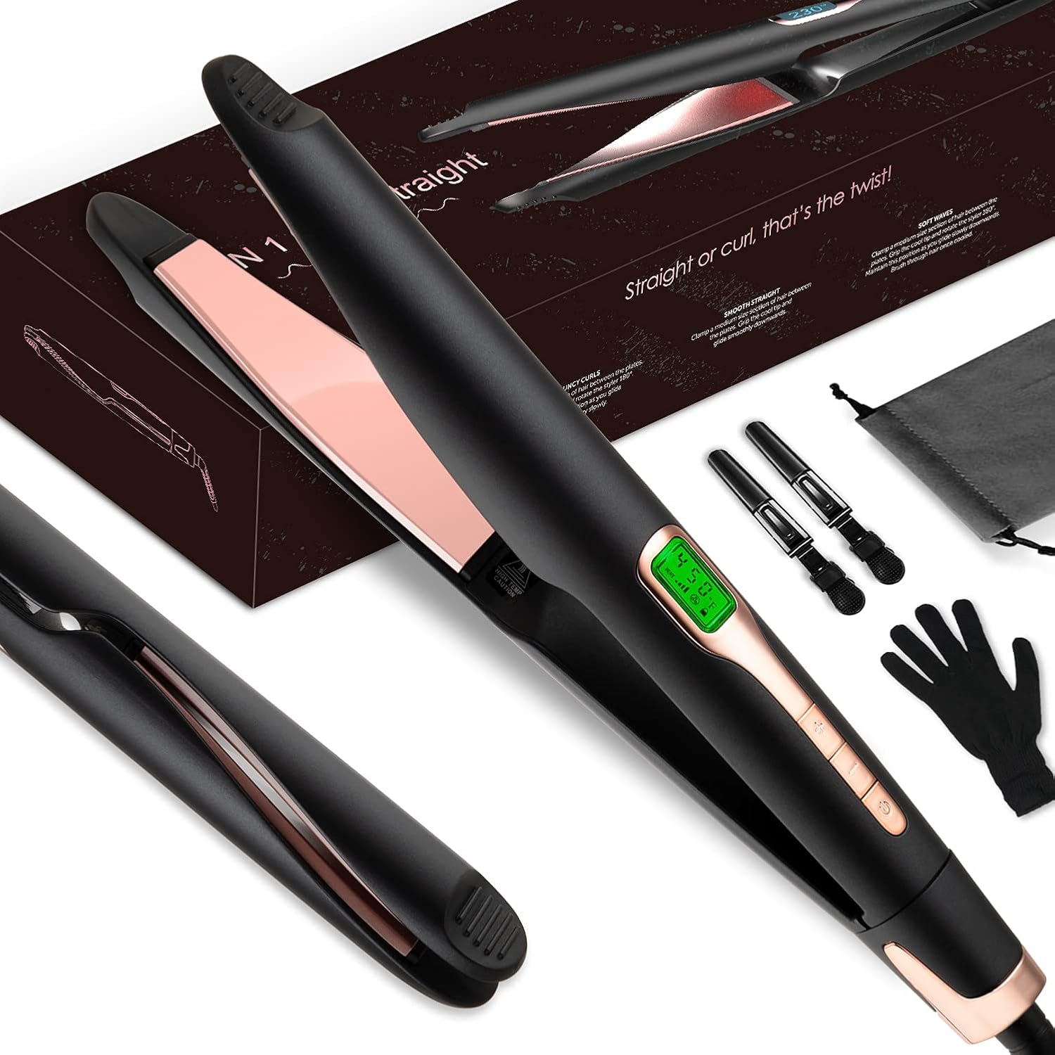 SupSilk Flat Iron Curling Iron in One for Hair, Hair Straightener and Curler 2-in-1 with Ceramic Tourmaline Twisted Plates LCD Display Adjustable Temp for Straight Curly Beach Wave Hair Styling : Beauty & Personal Care