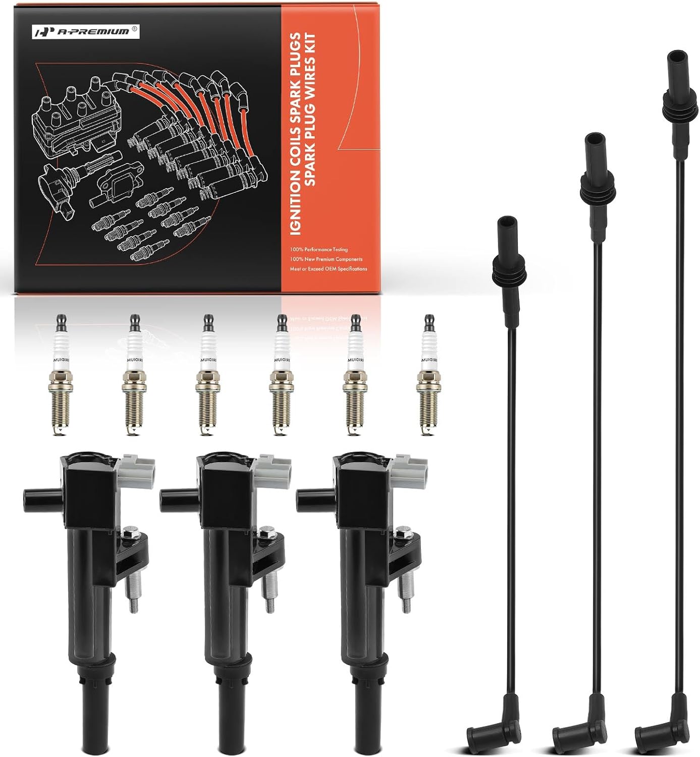 A-Premium 3 Ignition Coils with 3 Spark plug Wires and 6 Iridium Spark Plugs Compatible with Dodge Jeep Ram & Mitsubishi Vehicles - Dakota Durango, Grand Cherokee WK, Raider, 1500 Dakota - V6 3.7L