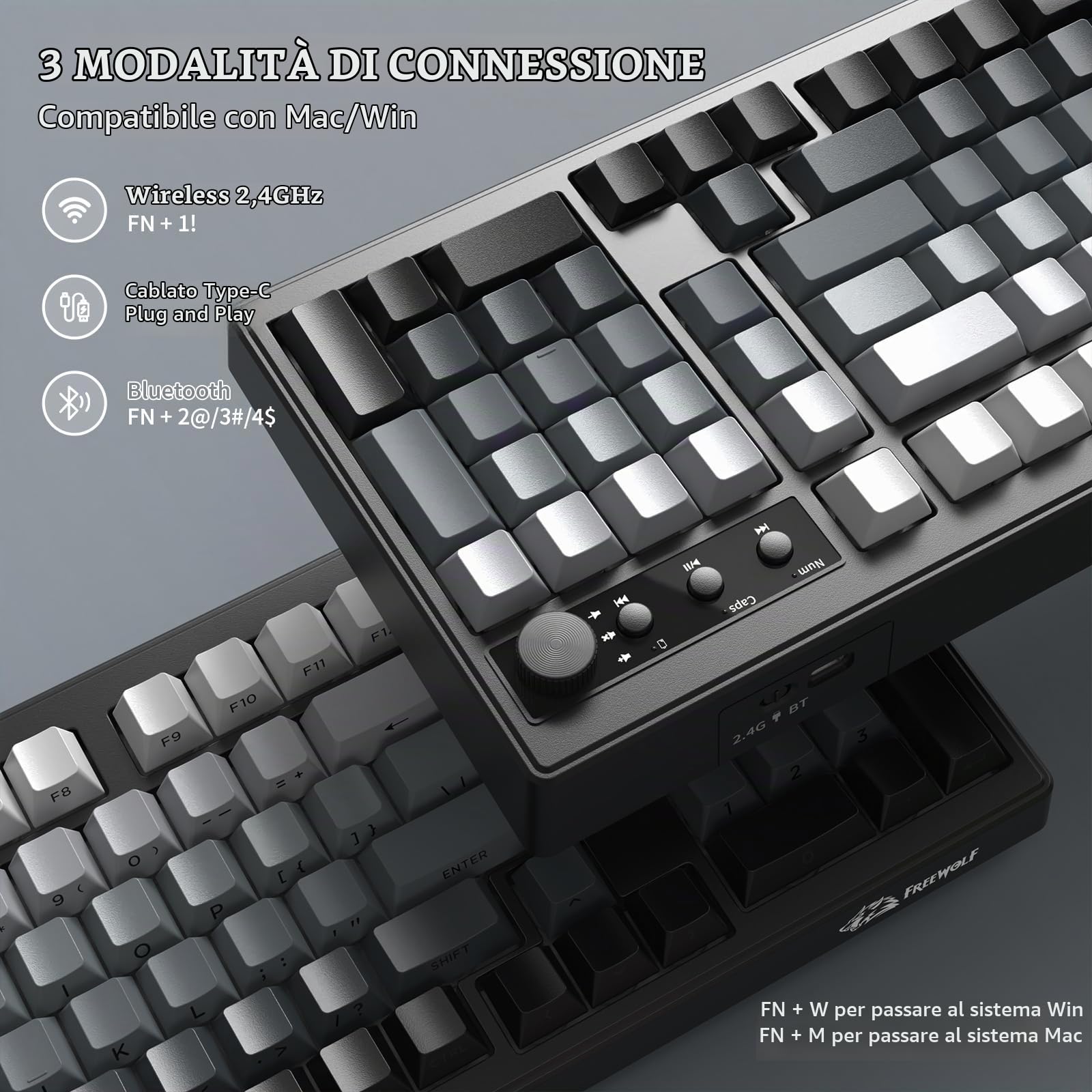 FREEWOLF K100 Tastiera Gaming Senza Fili RGB con Tastierino Numerico, Connessione Bluetooth/2.4G Senza Fili/USB-C Cablata, Tasti Incisi sui Lati in PBT Gradiente, 4000mAh, Manopola Multimediale - Nero