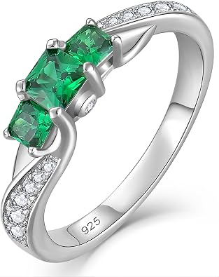 YL Womens Sterling Silver Clear Created Emerald 3-stone Princess Cut Wedding Rings for Engagement Jewelry-size9