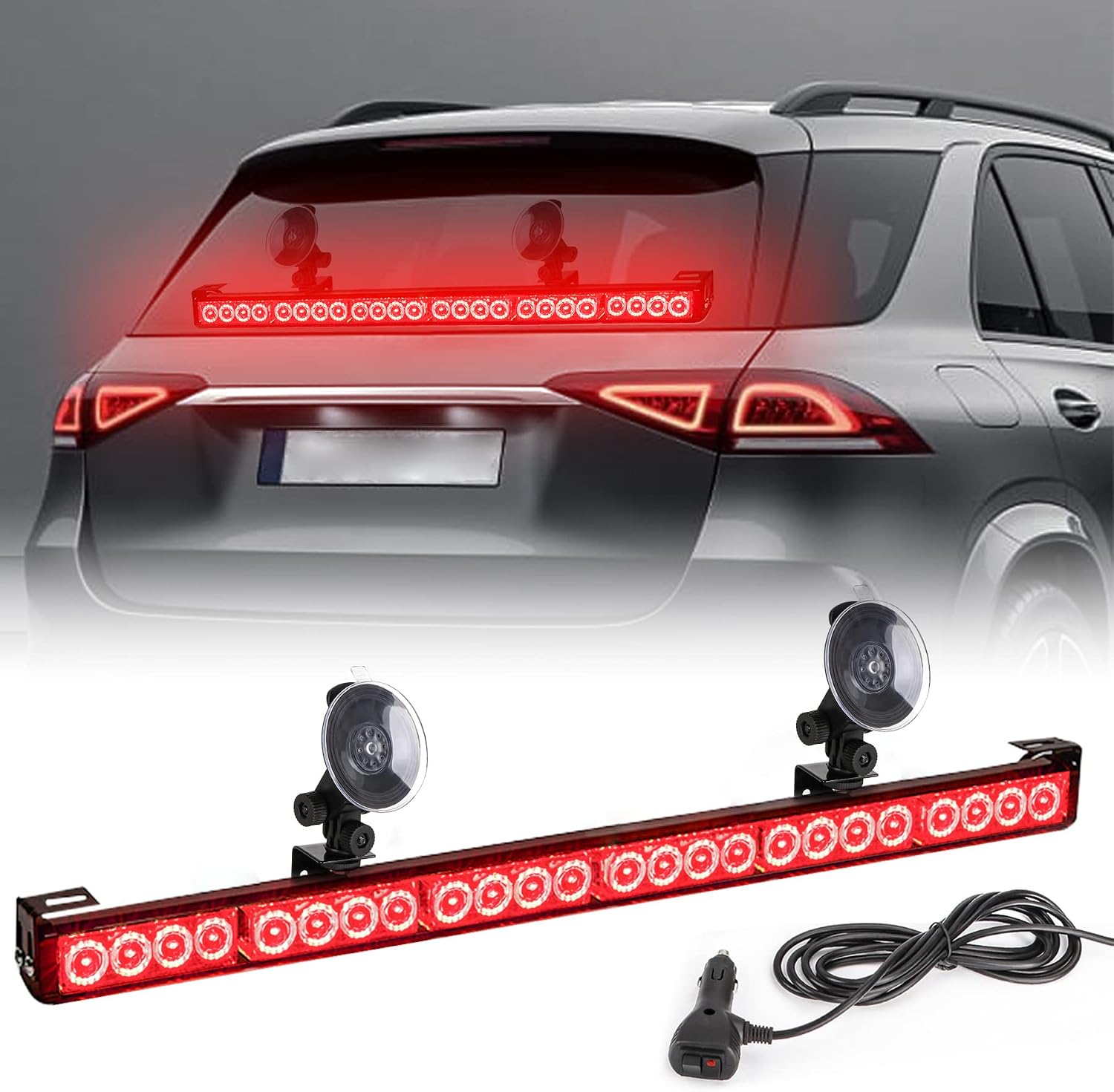 FEELOTAM Red LED Emergency Firefighter Lights Directional Hazard Warning Fire Strobe Light Bar 6 Block 27 Inch 13 Flash Patterns With Cigar Lighter Safety for Rear Window