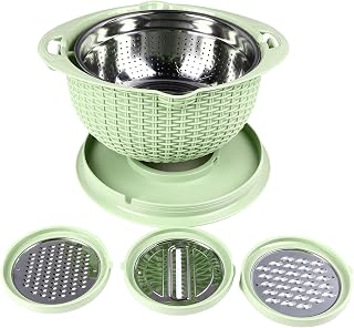 4-in-1-Sieb mit Rührschüssel-Set, Lebensmittelsiebe und Siebe für die Küche, Drehbares Nudel-Reis-Sieb, Küchensieb, Siebschüssel mit Abnehmbarem Deckel, Gemüseschneider (GREEN)
