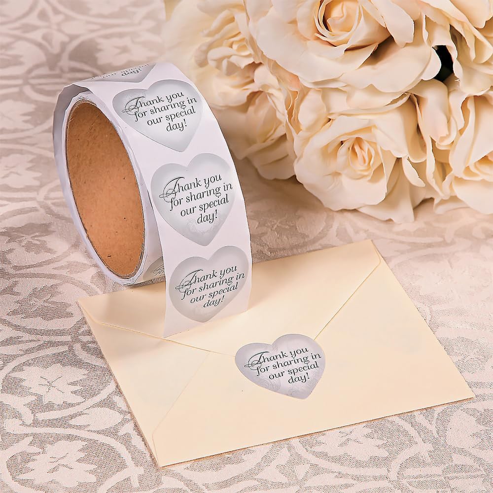 Silver Heart Thank You for Sharing Our Special Day Wedding Stickers - 1 Roll of 100 Thank You and Favor Stickers