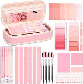47Pcs Aesthetic School Supplies with Pencil Pouch - Cute College Essentials Set, Big Capacity Pen Case, Pastel Highlighters, Bible Study Journaling Stationary Kit Pink