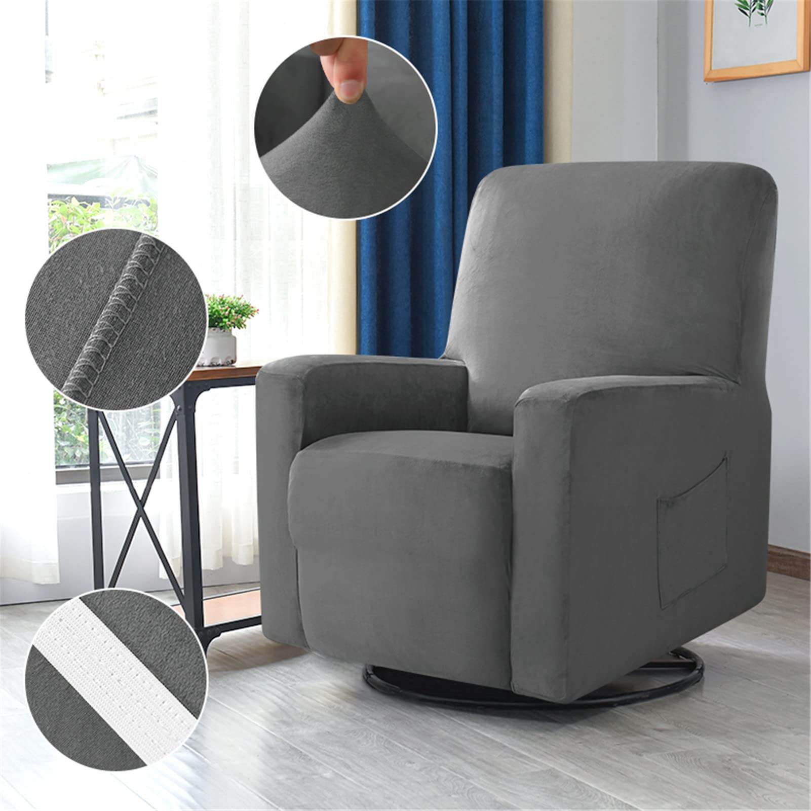 Copripoltrona Relax Elasticizzato, 1 Pezzo Morbido Velluto Fodera per Poltrona Reclinabile Relax Completo con Tasche Copridivano Coprisedile Antiscivolo (Grigio Scuro,1 Posto)