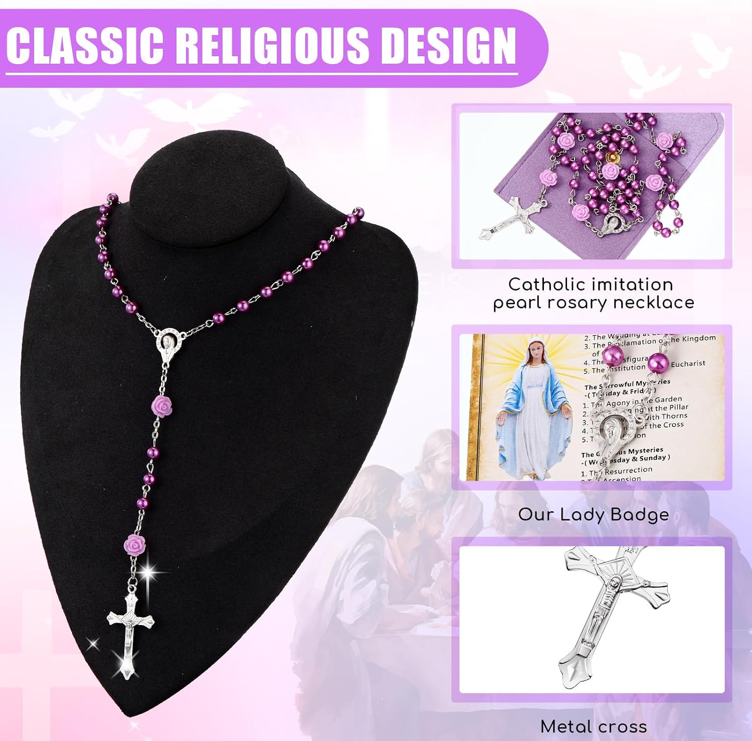 Quelay Rosary for Women Catholic Gifts Our Lady of Rosary Beads Pray Card Necklace Confirmation Gifts