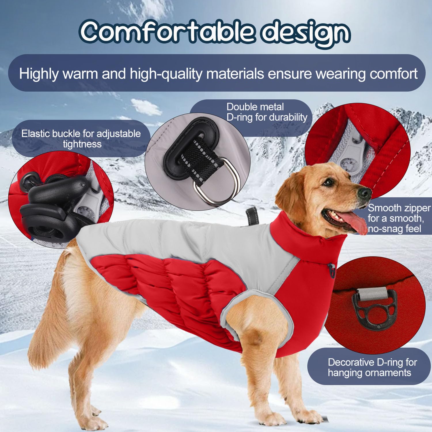 Manteau Chien Hiver, XL-5XL Manteau Chien Imperméable Hiver avec Fermeture Eclair,Mantea u Chie-n Réfléchissant Confortable Réglable,Doudoune Chie n pour Moyens Grands Chiens,Rouge 4XL