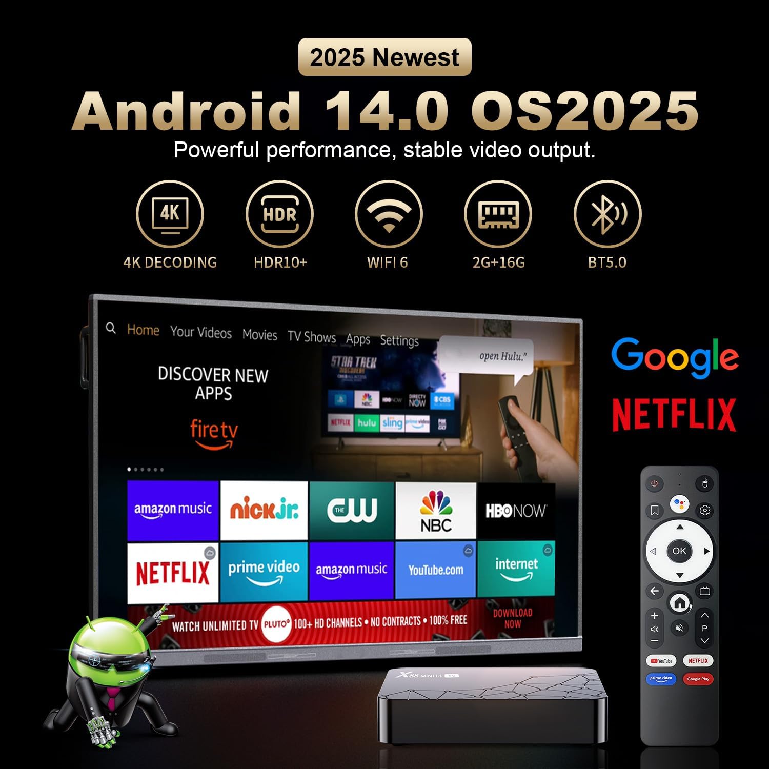 Android 14.0 OS interface showing various streaming apps like Netflix, YouTube, Prime Video, and Google Play.