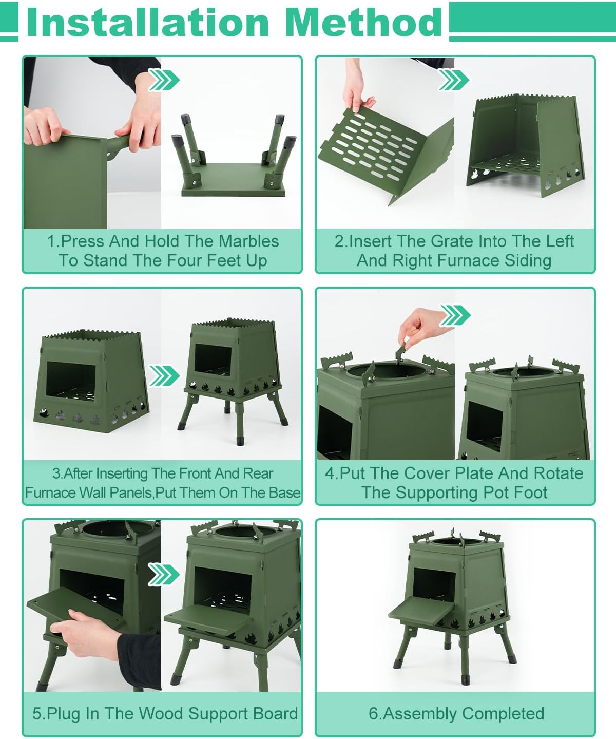 Portable Wood Burning Stove - Lightweight Cast Iron Camp Stove for Backpacking，Portable and Easy-To-Assemble Backpacking Camping Stove Kit (Green, Small)