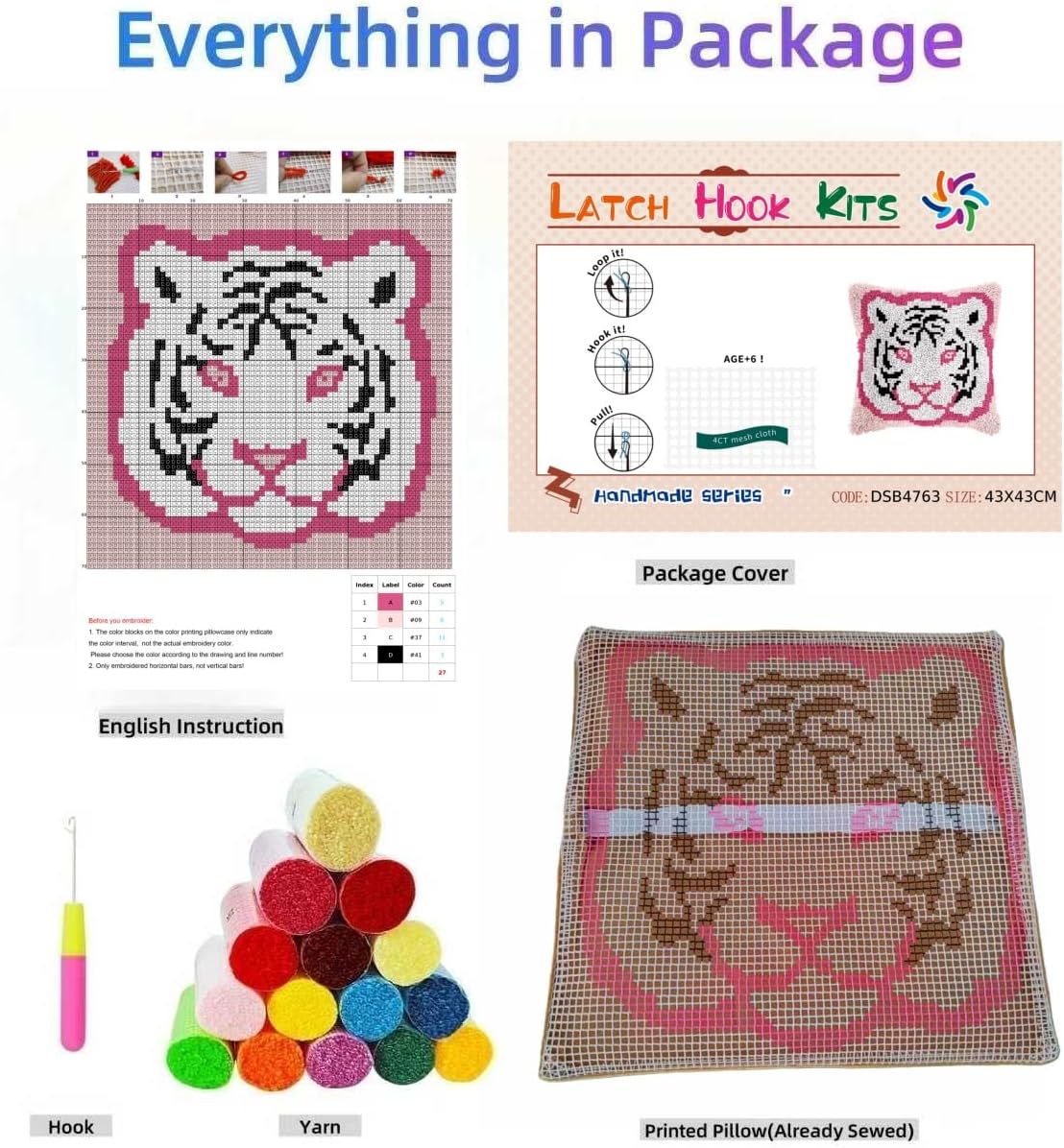 Latch Hook Kit Pillow Cute White Tiger and Background with Pre-Printed Pillow Cover DIY Pillowcase Crochet Yarn Hooking Craft Set for Hobby and Home Decor 43x43cm-5