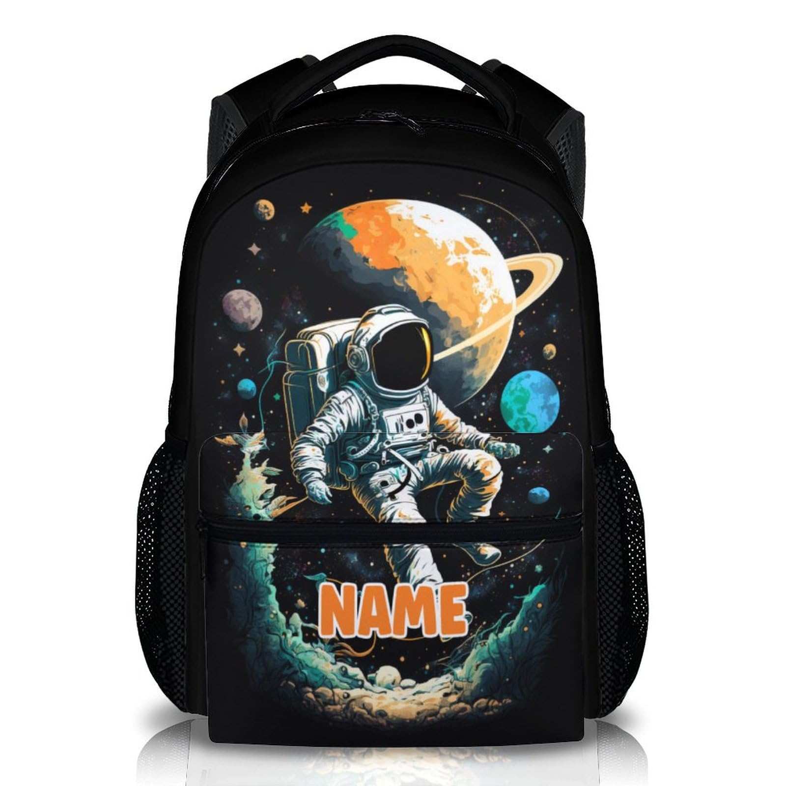 PAKKITOP Personalized Boys Backpack for School, 17" Cute Astronaut Backpack for Kids, Custom Black Large Capacity Solar System Lightweight Bookbag for