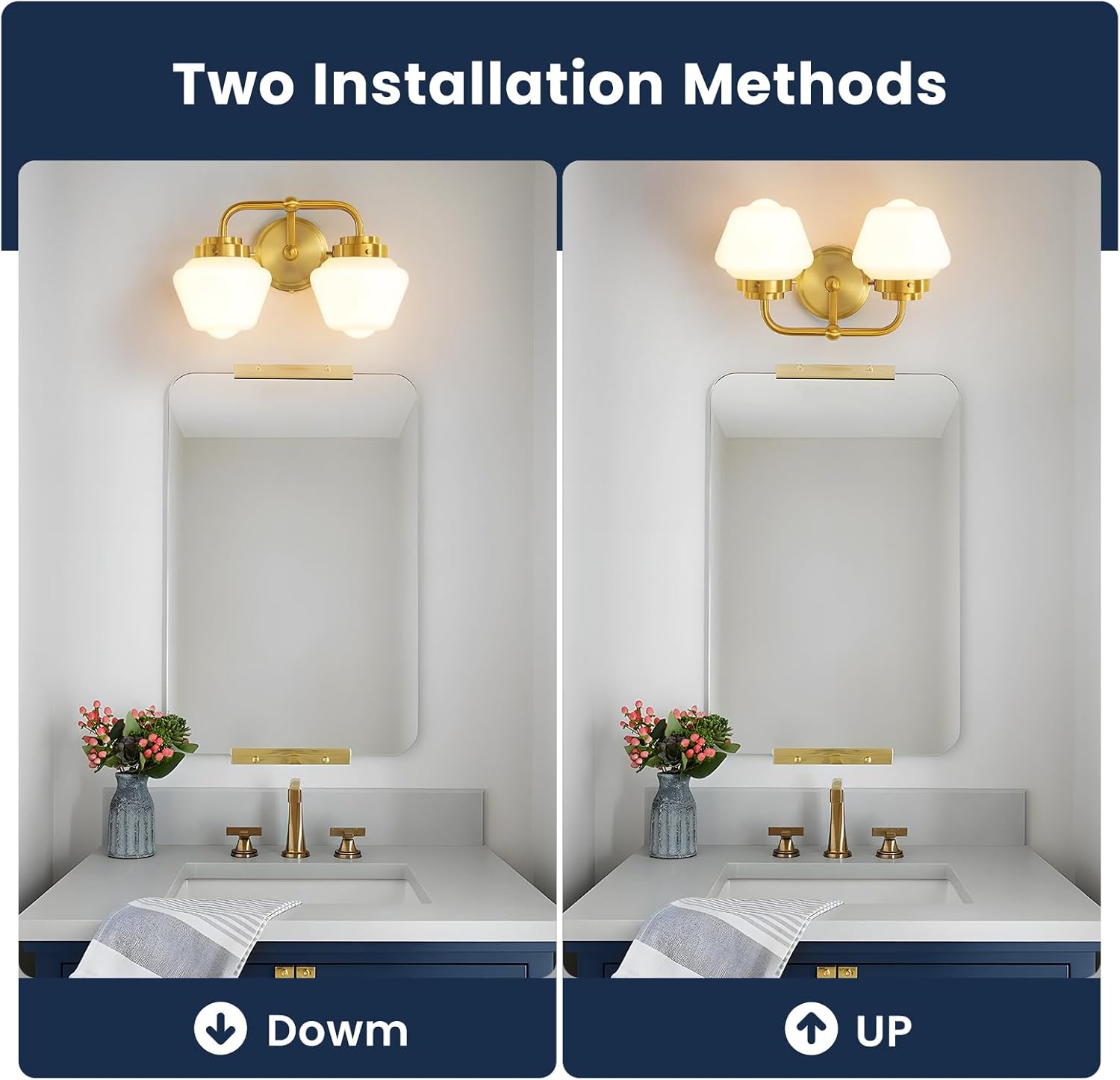 RUIYEY Bathroom Vanity Light Fixtures: 2-Lights Gold Bathroom Lighting Fixtures Over Mirror, Mid-Century Modern Wall Sconces with Frosted Milky Glass for Kitchen Bedroom Hallway
