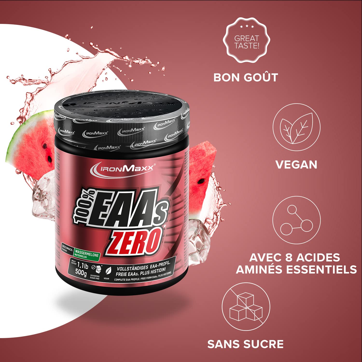 IronMaxx – EAAs Zero en Poudre – Pastèque 500 g – EAA Zéro Sans Sucre, Complément EAA pour Sport & Nutrition