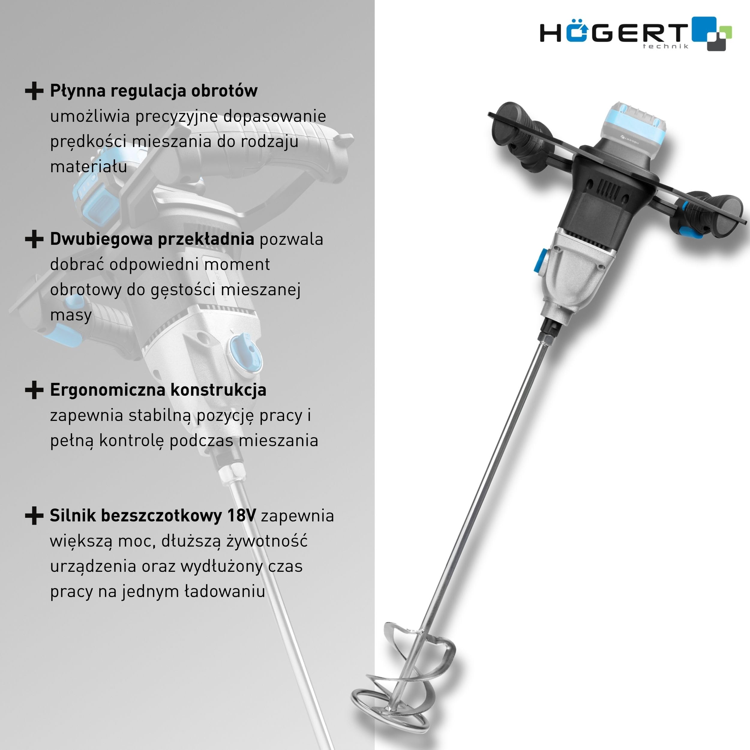 HÖGERT TECHNIK – Bezszczotkowe mieszadło akumulatorowe 18 V, mocowanie M14, 2 biegi 0-450/0-720 obr./min, mieszadło do farb, zaprawy, kleju, masy szpachlowej