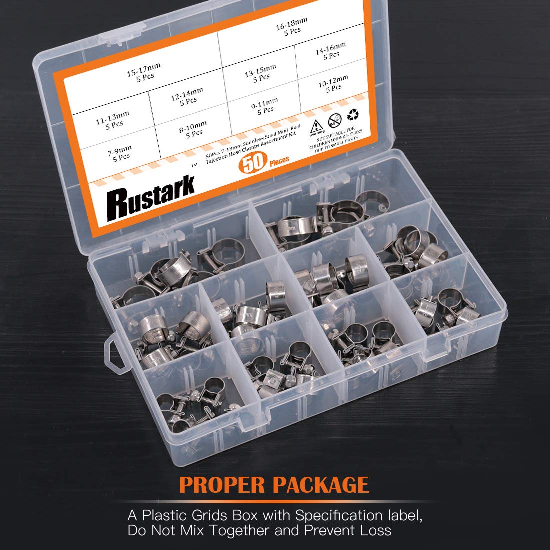 50 Pcs Hose Clamp Assortment Kit 10 Size Stainless Steel Mini Fuel Injection Adjustable Tube Clamps Clip for Water Pipe Plumbing Automotive and Mechanical Application (Assorted Hose Clamp Kit)