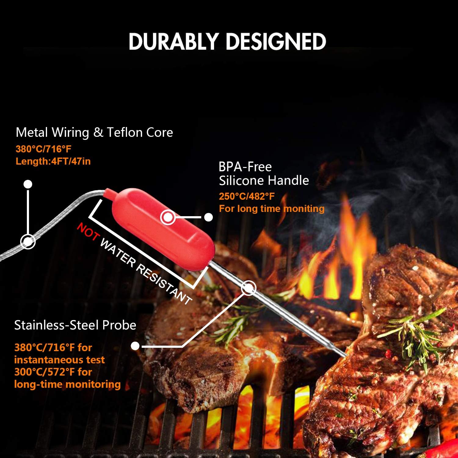 Digital Meat Thermometer, Wireless Bluetooth Meat Thermometer with Probe & Metal Clip Smart BBQ Oil Thermometer Deep Fry APP Monitor Remote Controlled for Grilling Cooking Oven Kitchen Smoker (Red)