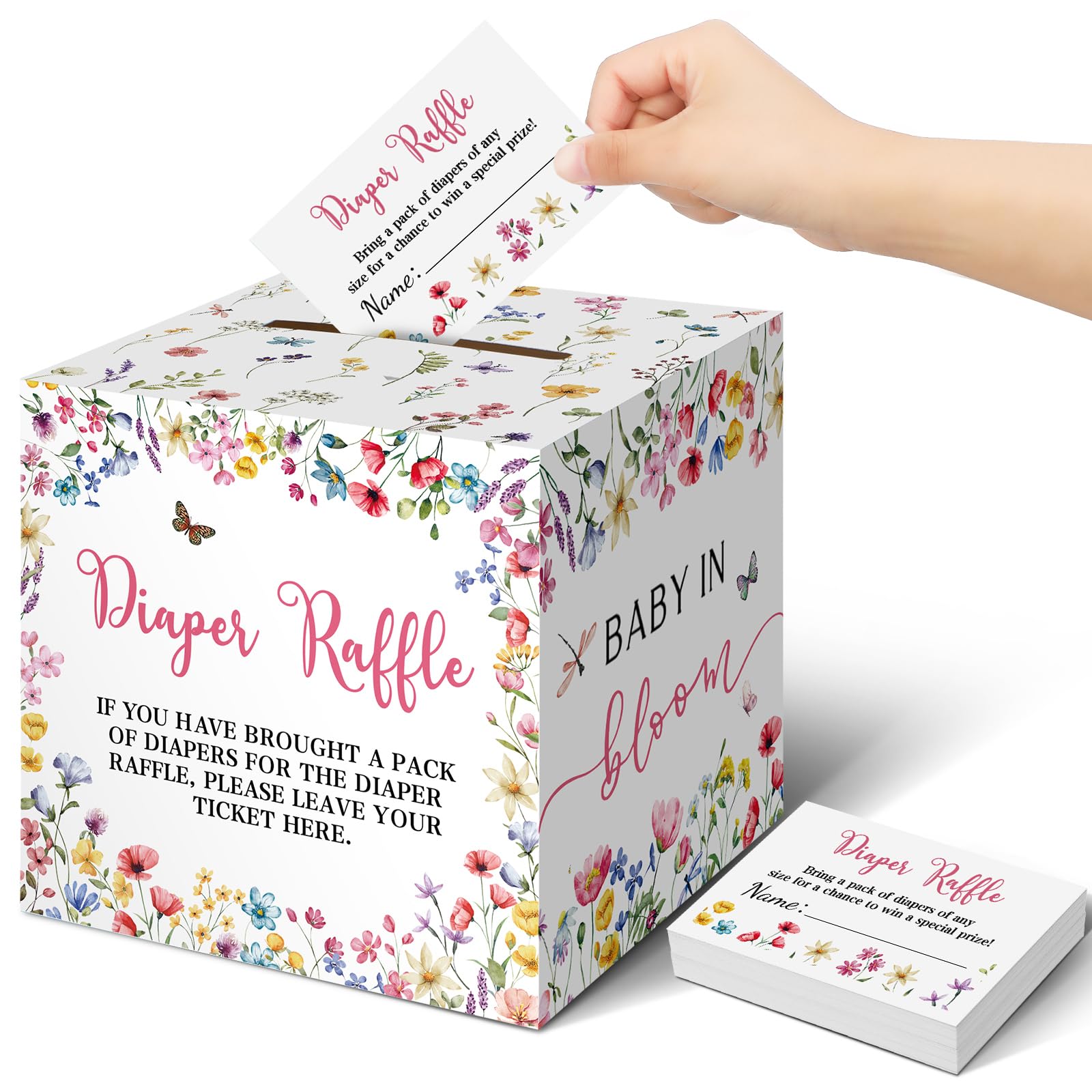 Teling 51 Pieces Diaper Raffle Tickets with Card Box,Baby in Bloom