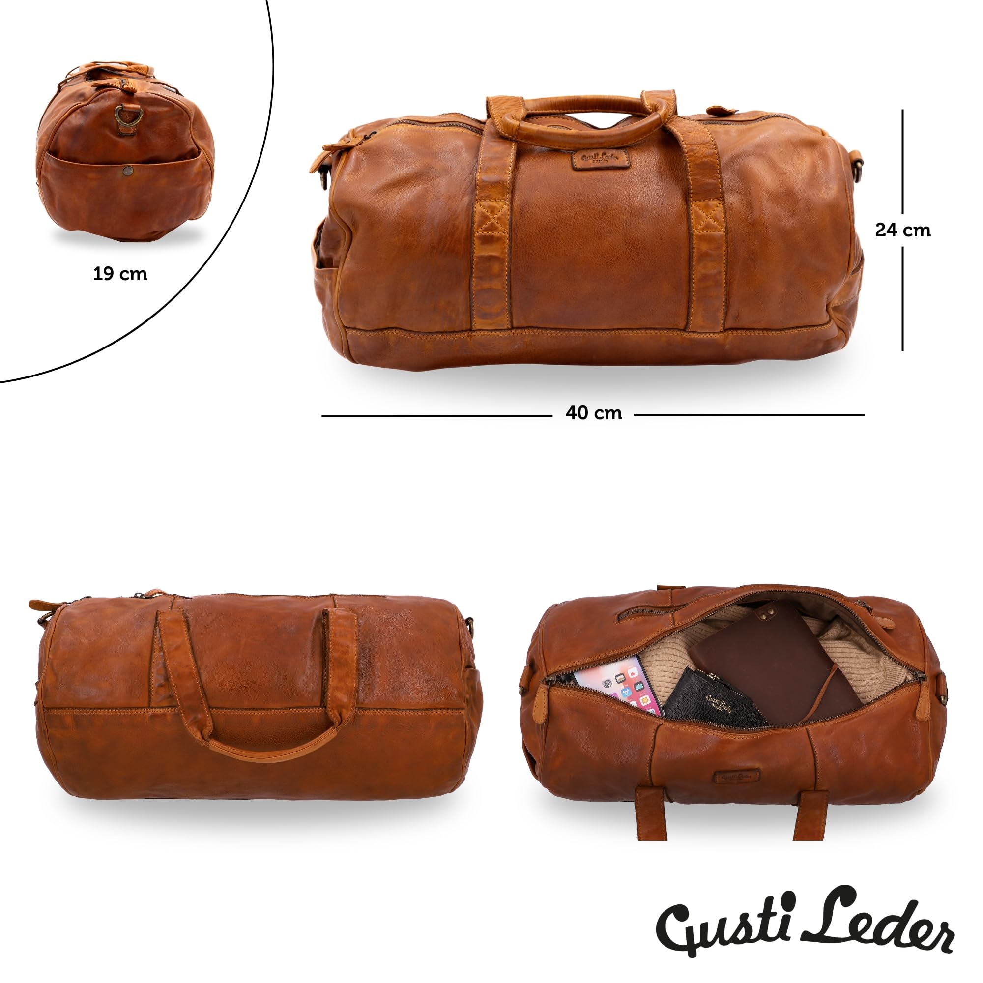Gusti Bolsa de viaje de cuero Oliver bolsa de deporte Weekender equipaje de mano cuero, coñac, 40 x 24 x 19 cm, Retro