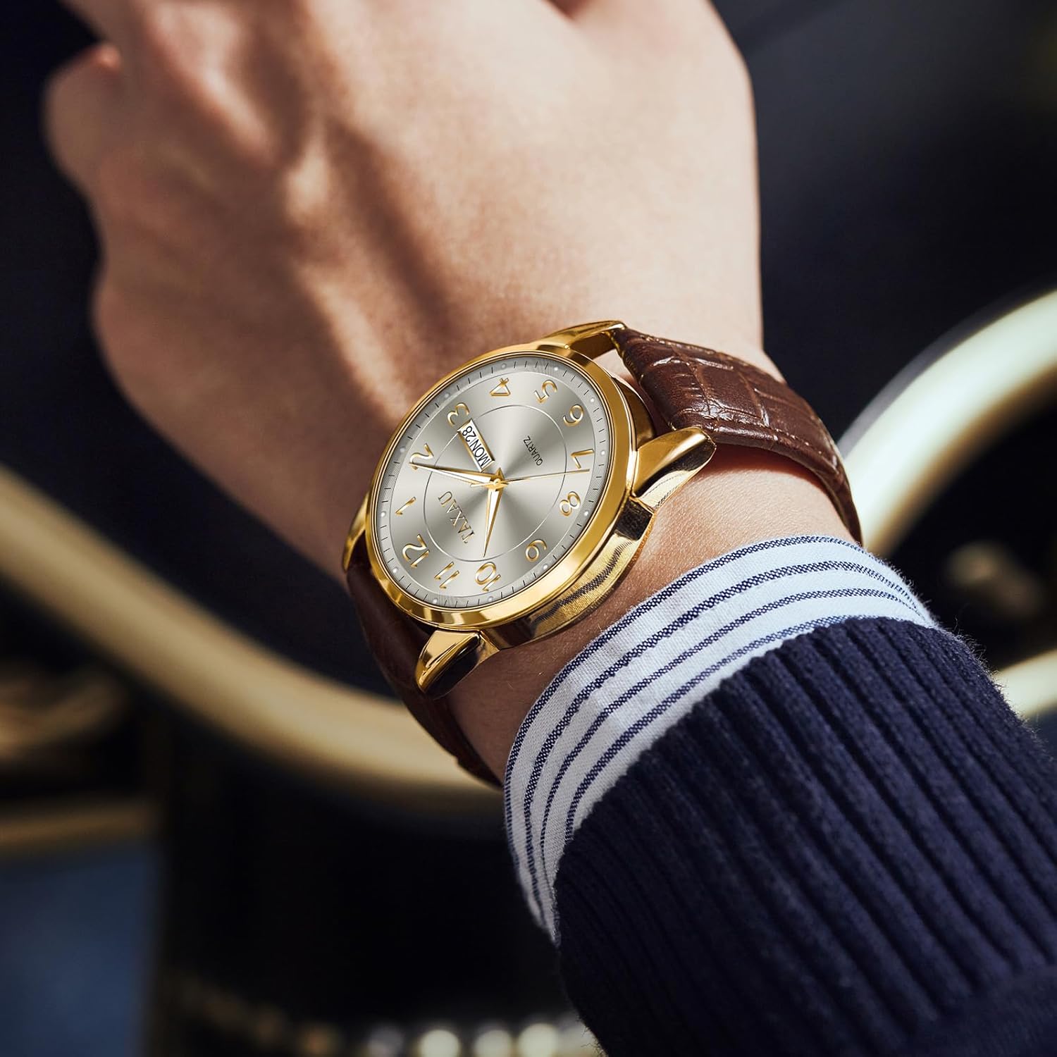 Mens Leather Watch Large Face Classic Quartz Mens Analog Watches Luxury Dress Watches for Men Waterproof Men's Wrist Watch Easy Read with Date Number Dial Relojes para Hombre - Image 6