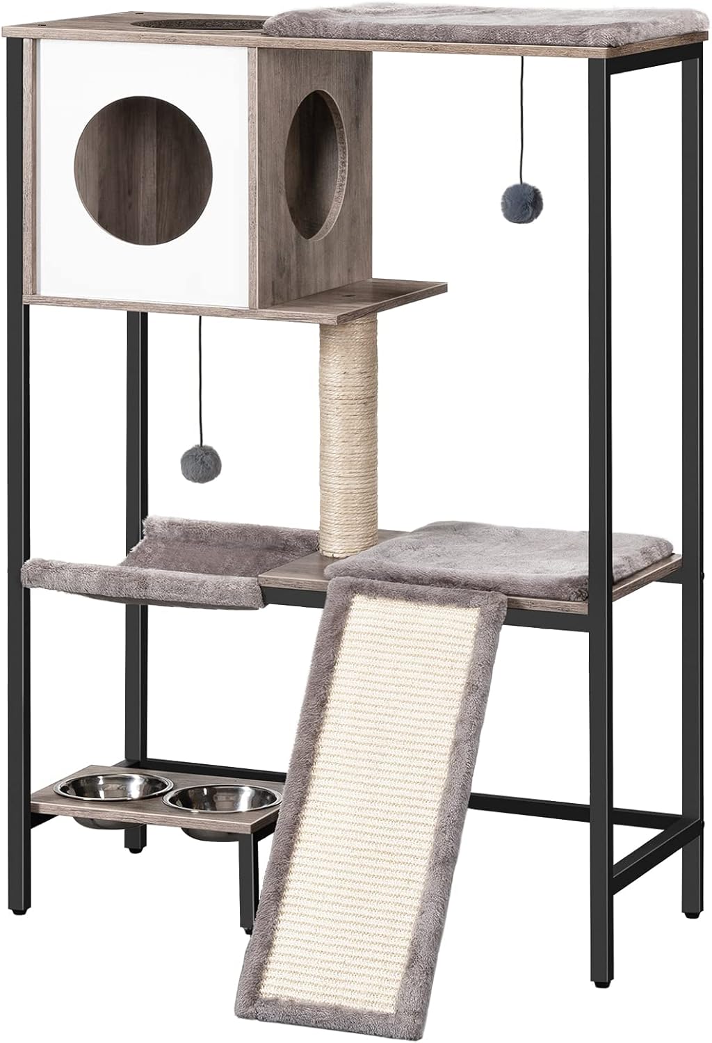 HOOBRO Wooden Cat Tree, Versatile Cat Tower with Scratching Post, Cat Hammock and Food Bowls, 4-Tier Pet House for Indoor Cats, Multi-Cat Families, Greige BG34MZ03