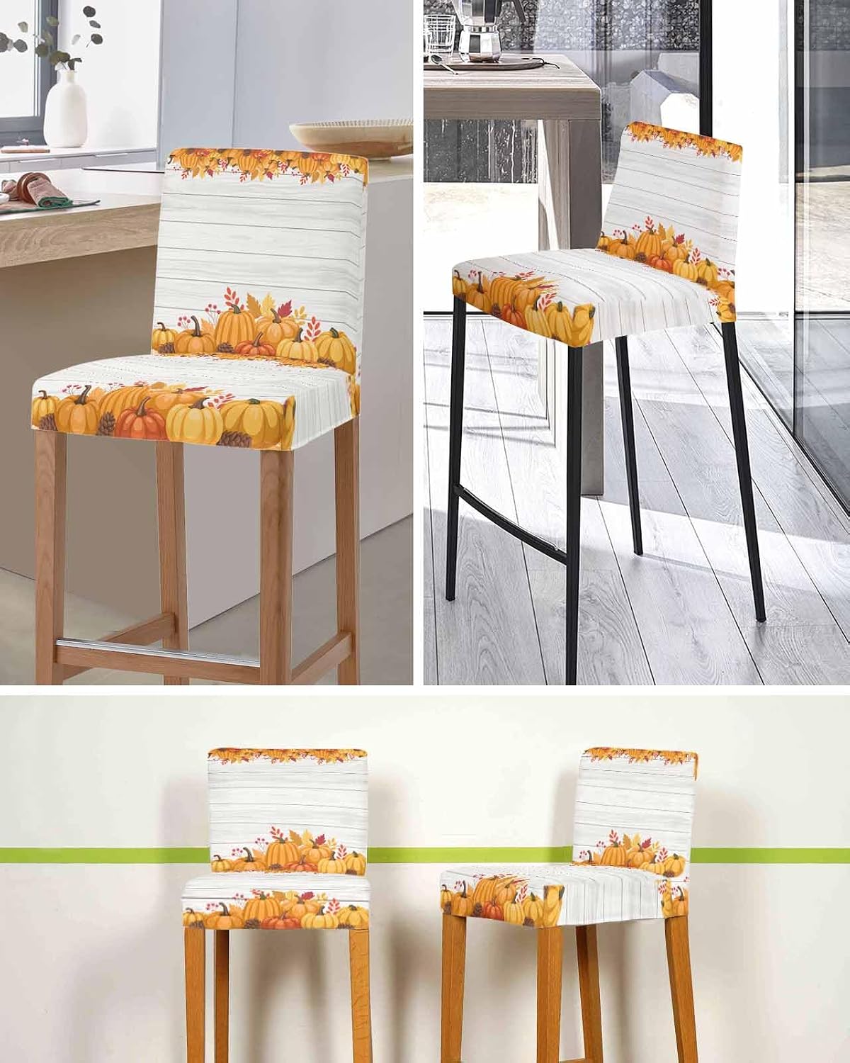 Bar Stool Covers Harvest Fruits Pumpkin Maple Leaf Bar Chair Cover Set of 4 Stretch Fall Chair Covers Wood Grain Pub Counter Height Chair Slipcovers for Kitchen Dining Room Cafe Thanksgiving Holiday