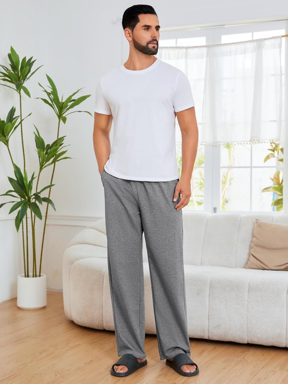 Auxo Men's Cotton Yoga Baggy Sweatpants Athletic Lounge Pants Open Bottom Casual Pants for Men with Pockets