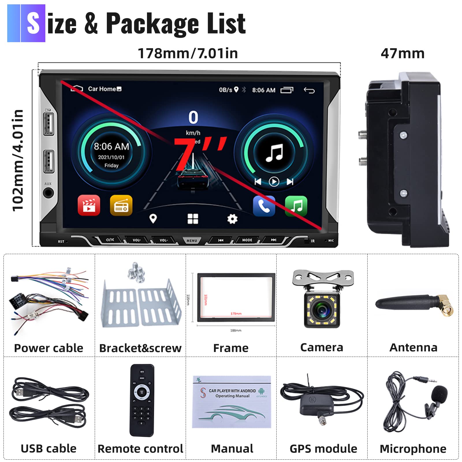 Autoradio 2 Din Android GPS 7 Pollici Touch Screen Auto Stereo Radio Mirror Link per iOS/Android Navigazione RDS Radio Bluetooth WIFI FM EQ Autoradio con 6 Porte USB+Telecamera Posteriore+Cavo ISO