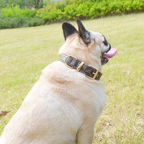 Miniatura 3 de Juego de collar y correa de cuero para perro, correas de collar de perro con patrón de cuadros, hebilla de metal ajustable y duradera para perros