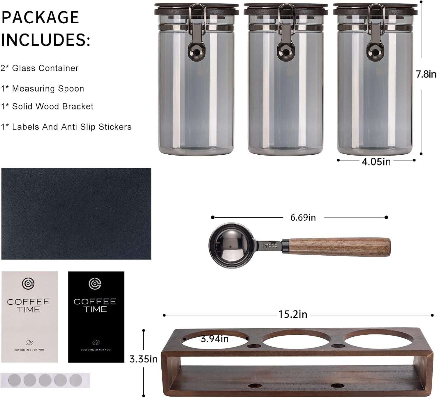 3×45oz UV Blocking Glass Coffee Storage Canisters with Wooden Organizer Rack, Airtight Jars with Black Clasp Lids, 2 Scoops for Dry Food & Coffee