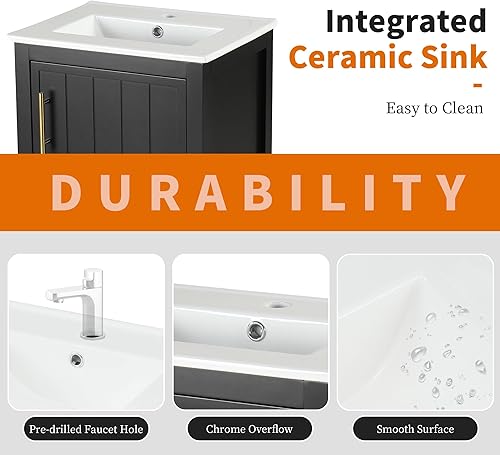 Miniatura 8 de Merax, Gabinete de tocador de baño verde de 20 pulgadas con juego de encimera de fregadero de cerámica, independiente, estante de almacenamiento de