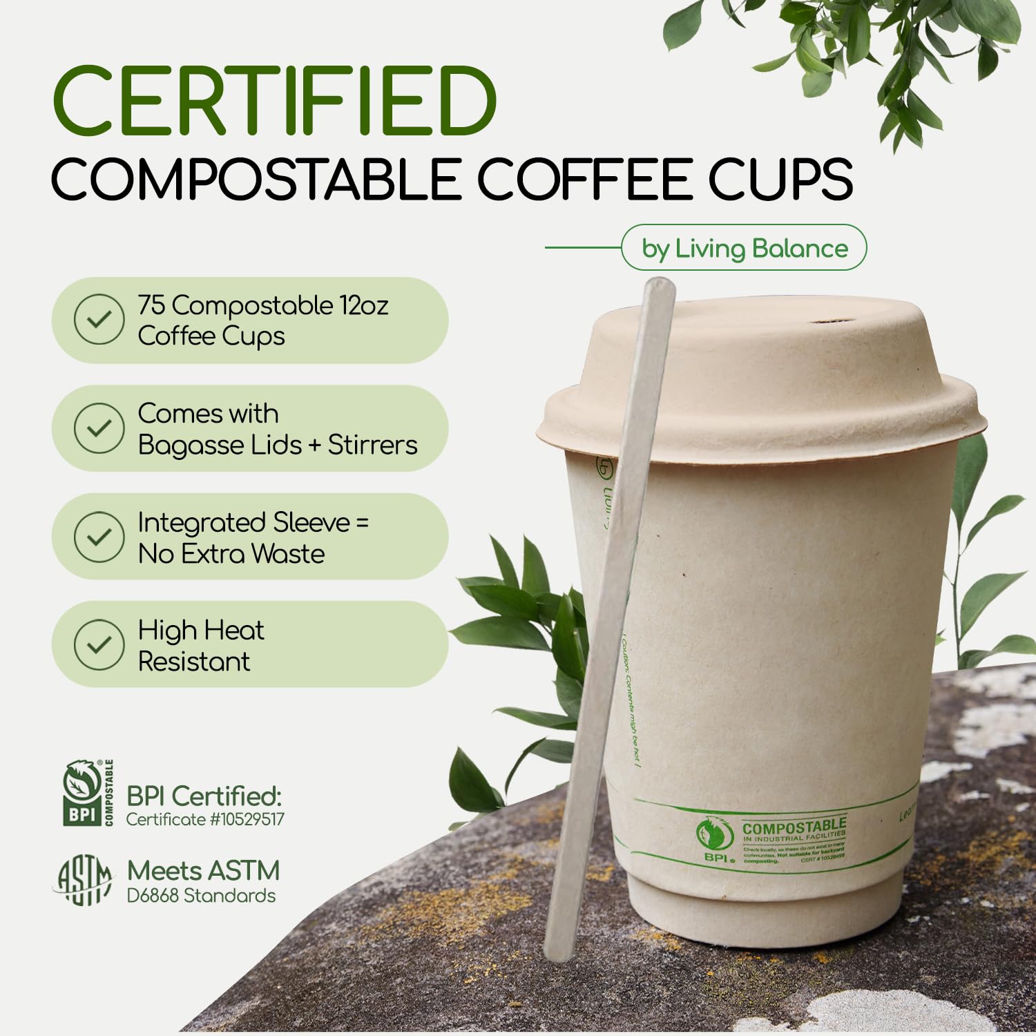 Vasos Desechables de Café Compostables con Agitadores, Mangas Integradas y Tapas de Bagazo. Certificado Biodegradable | [75 Unidades – 12 Onzas]