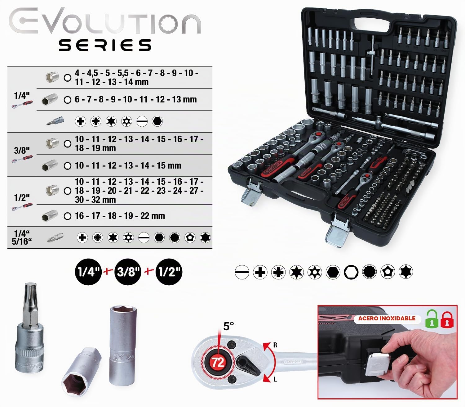 KS Tools 917.0795 Juego de llave de vaso de 1/4" + 3/8" + 1/2", 195 pzs.