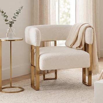Modern White Boucle Barrel Chair Gold Legs, Ergonomic Curved Back, Comfy Sherpa-Upholstered Armchairs for Living Room, Bedroom, Vanity, Reception & Salon