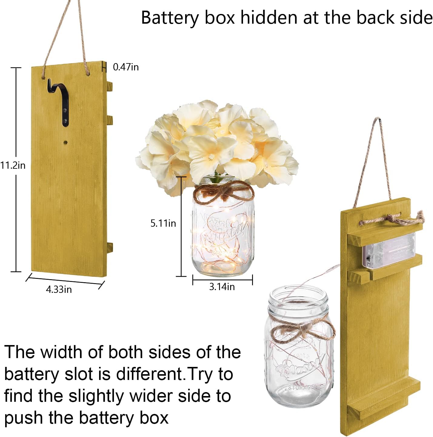 HABOM Rustic Mason Jar Wall Decor Sconces - Decorative Home Lighted Country House Hanging with LED Fairy Strip Lights and Flowers Hydrangea Farmhouse Sconce Jars (Set of 2)
